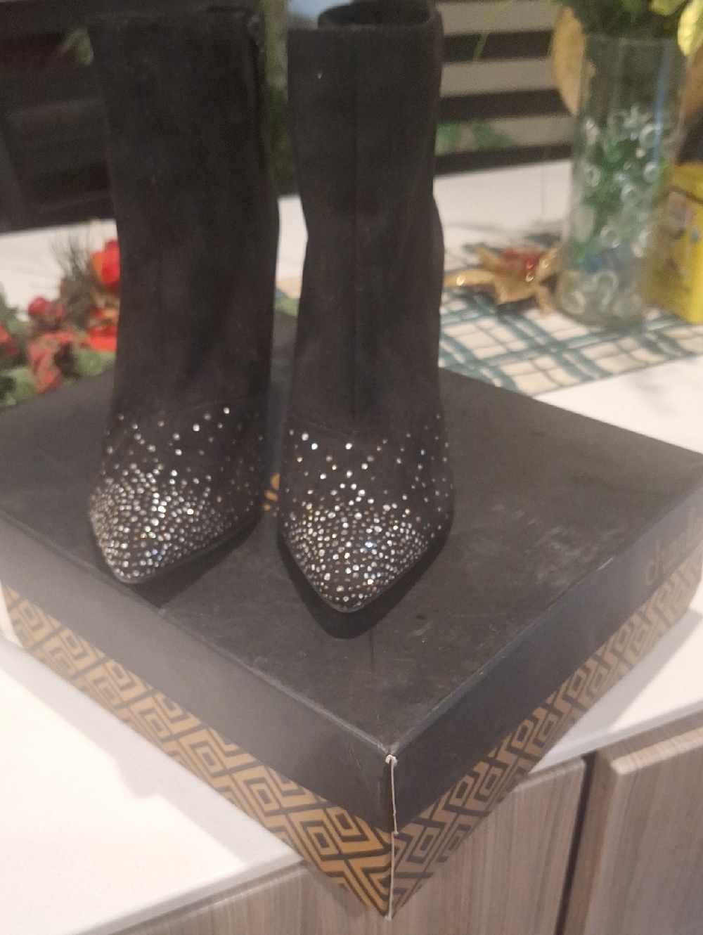 Black Suede Pointed Toe Ankle Boots with Crystal Accents